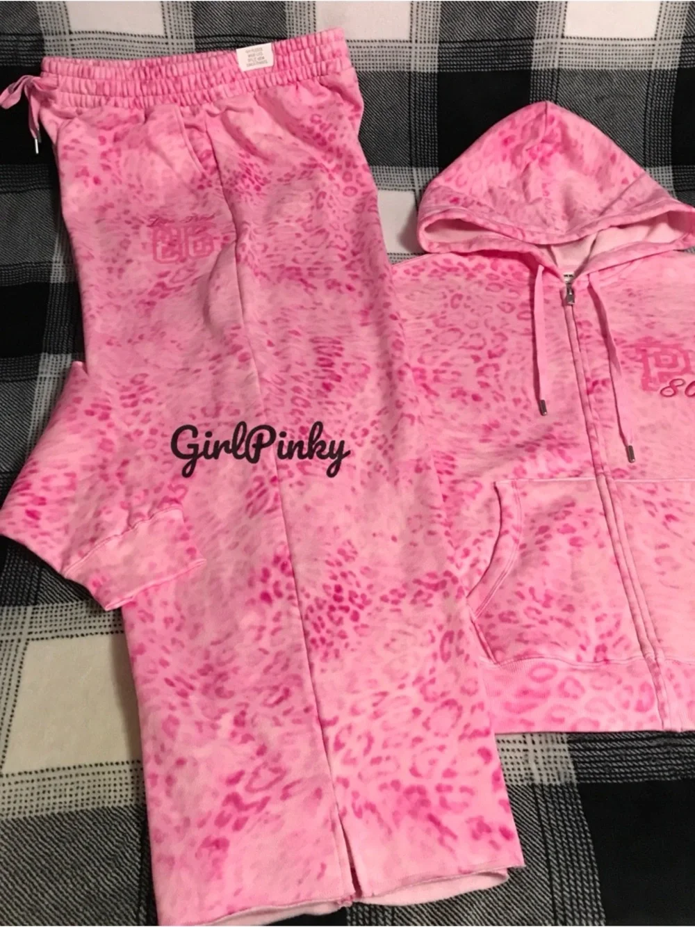 VS PINK IVY FLEECE CAMPUS FULL ZIP & SWEATPANTS PINK LEOPARD PRINT LOGO XS